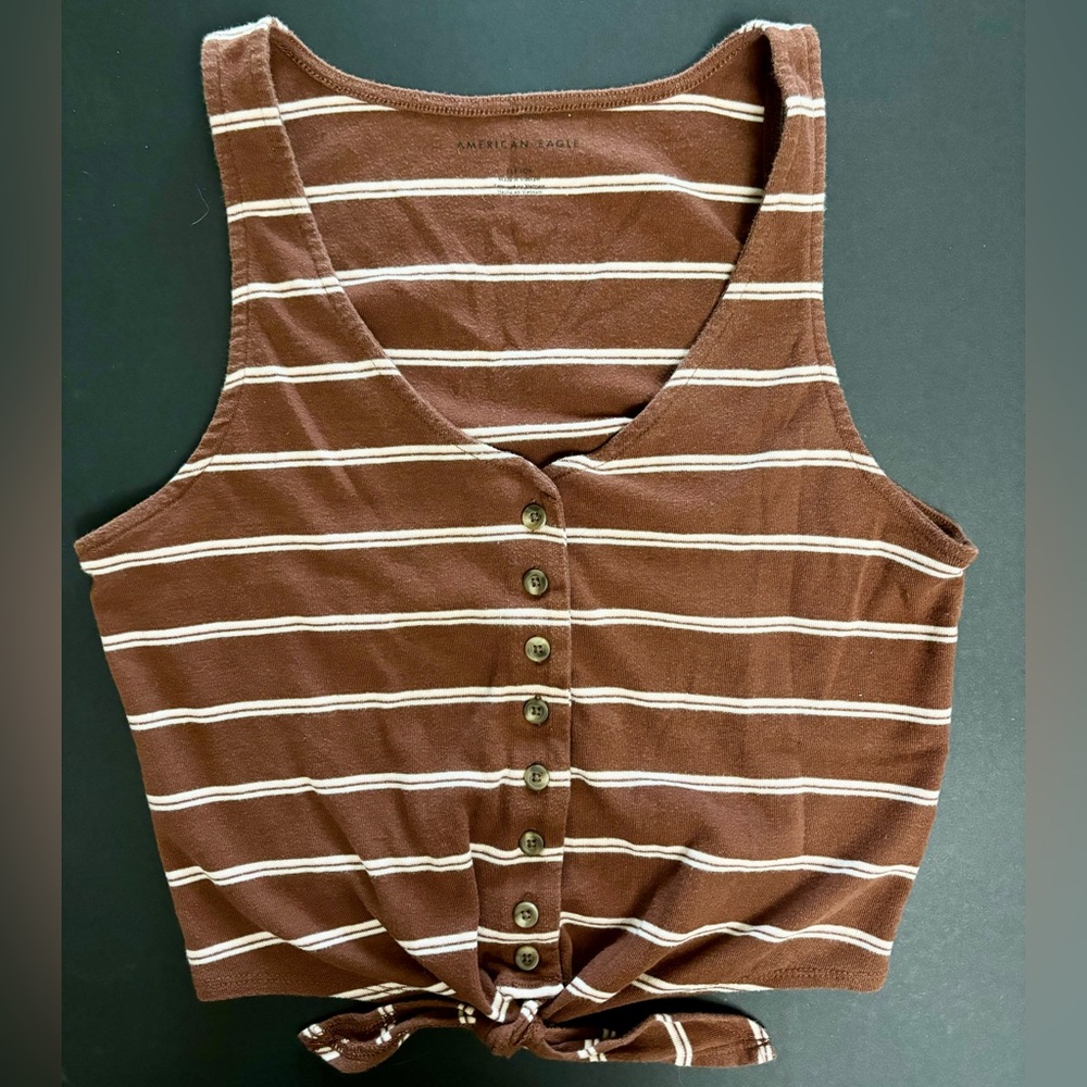 American Eagle Brown Tank Top Tie Front Button Size Small Women’s Brown Stripe